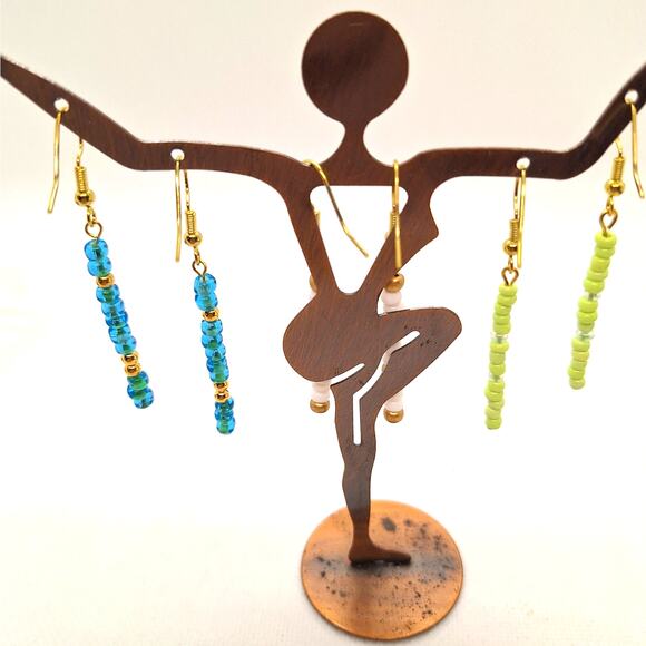 Long Dangle Seed Bead Earrings Set of  3 - Lime Green, White/Gold, Teal. - Picture 2 of 5